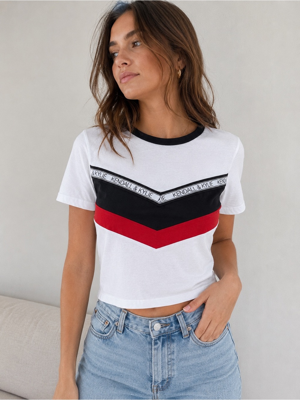 Kendall & Kylie | White Chevron Logo |Crop Tee | Black & Red Panels | XS